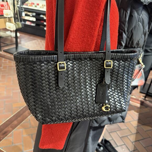 Coach Woven Leather Swing Tote Carryall Shoulder CBF83 Black - Picture 10 of 16